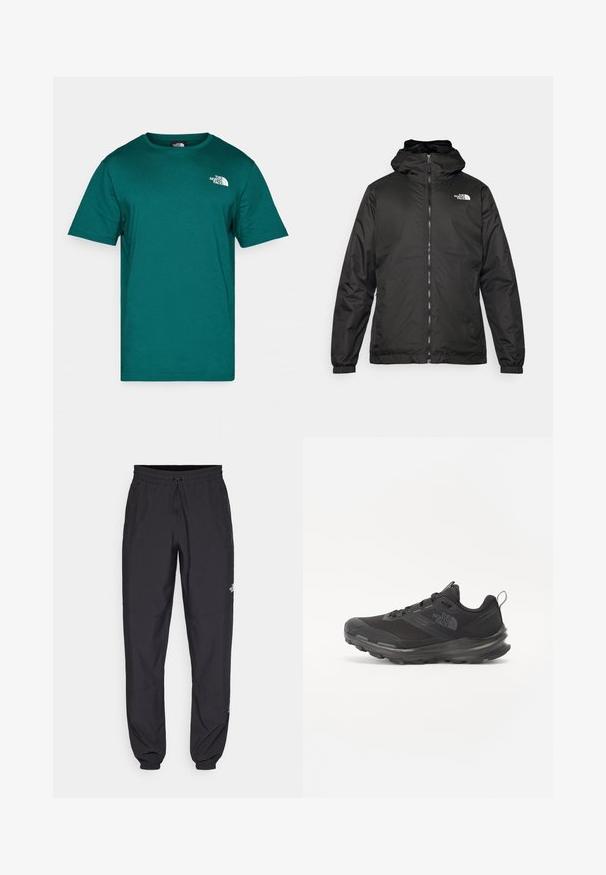Jacket preta com capuz da The North Face, com fecho éclair na frente, punhos elásticos e logotipo no canto superior esquerdo do peito, em fundo branco.; T-shirt de algodão em teal, com decote redondo e mangas curtas. Apresenta um logótipo branco no lado superior esquerdo do peito e uma textura de tecido suave.; Calças atléticas pretas feitas de tecido leve, com um cós ajustável por cordão, bolsos laterais e punhos afunilados nos tornozelos.; Sapatilha atlética preta com parte superior em malha, sola de borracha e colarinho almofadado. Apresenta atacadores, logótipo de lado e um design texturizado.