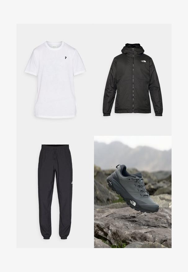 Fekete The North Face kapucnis dzseki elülső zipzárral, elasztikus mandzsettákkal és logóval a bal felső mellkason, fehér háttér előtt.; Peak Performance EXPLORE GRAPHIC TEE - Nyomott mintás póló - white; Fekete sportnadrág, könnyű anyagból készült, húzózsinóros derékkal, oldalsó zsebekkel és szűkített szárakkal a bokáknál.; Szürke terepfutó cipő, texturált felsőrésszel, tartós gumitalppal és megerősített orr résszel. Fekete fűzők és márka logó a cipő oldalán.