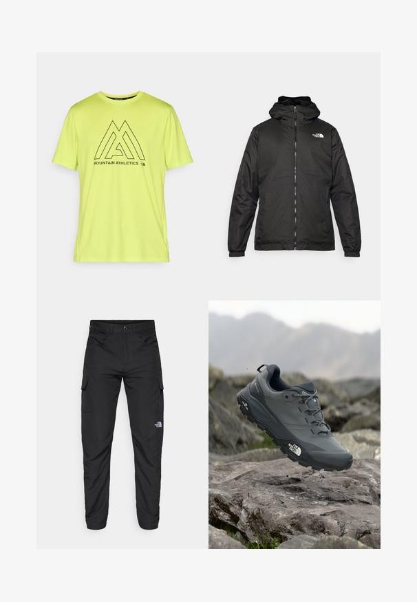 Svart The North Face huva jacka med framzipper, elastiska muddar och logotyp på övre vänstra bröstet mot en vit bakgrund.; Ljus neon gul tränings t-shirt i mjukt material, med en svart grafisk design som visar texten "MOUNTAIN ATHLETICS" och en logotyp.; The North Face HORIZON PANT - Friluftsbyxor - black; Grå trail löparskor med en texturerad ovandel, hållbar gummisula och förstärkt tåparti. Har snören och logotyp på sidan.