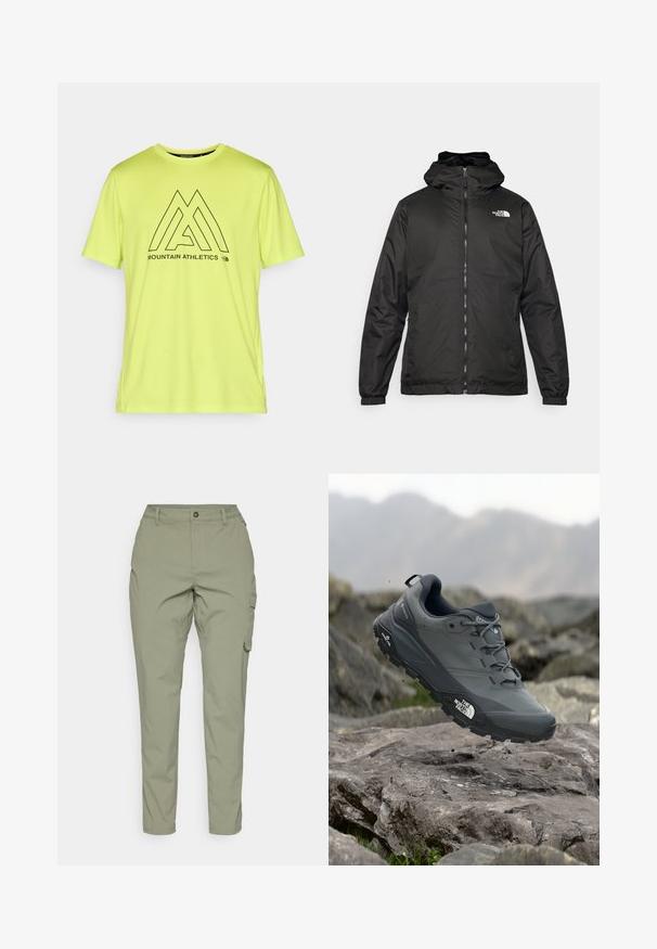 Musta The North Face -huppari, jossa on etuvetoketju, joustavat hihansuut ja logo vasemmalla ylärinnassa valkoista taustaa vasten.; Kirkas neon keltainen urheilupaita pehmeästä kankaasta, jossa on musta graafinen kuvasto ja "MOUNTAIN ATHLETICS" -teksti sekä logo.; Vaaleanoliivinvihreät cargo-housut suoran lahkeiden muotoilulla, edestä napilla suljettavina, ja sivutaskuilla käytännöllisyyttä varten. Liukas, kestävä kangas.; Harmaa polkujuoksukenkä, jossa on teksturoitu päällinen, kestävä kumipohja ja vahvistettu varvastoppa. Varustettu nauhoilla ja brändin logolla sivussa.