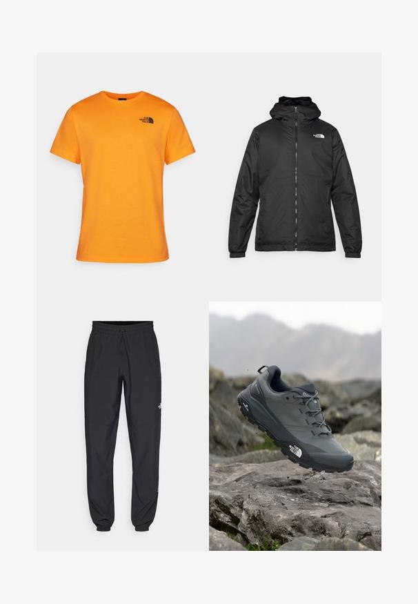 Jacket preta com capuz da The North Face, com fecho éclair na frente, punhos elásticos e logotipo no canto superior esquerdo do peito, em fundo branco.; Camiseta de algodão laranja com gola redonda e mangas curtas. O lado esquerdo do peito apresenta um desenho de logo preto. Textura suave, ajuste padrão.; Calças atléticas pretas feitas de tecido leve, com um cós ajustável por cordão, bolsos laterais e punhos afunilados nos tornozelos.; Sapatilha de corrida em trilhos cinza com um cabedal texturizado, sola de borracha durável e ponteira reforçada. Apresenta atacadores e o logótipo da marca de lado.