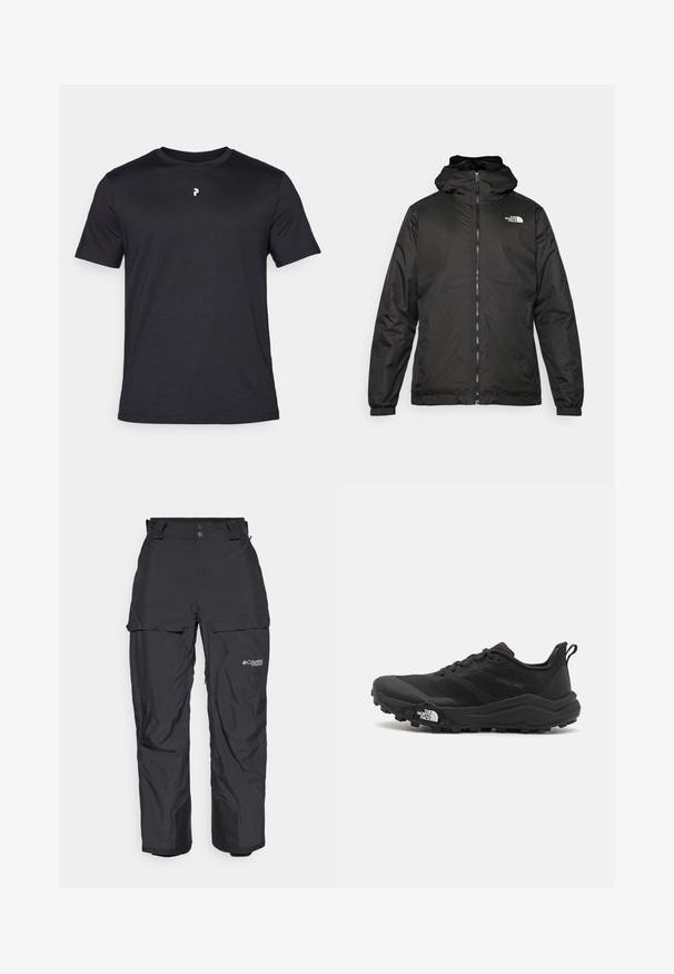 Jacket preta com capuz da The North Face, com fecho éclair na frente, punhos elásticos e logotipo no canto superior esquerdo do peito, em fundo branco.; T-shirt preta de mangas curtas feita de tecido suave, apresentando um pequeno logótipo branco no peito e um clássico decote redondo.; Calças de exterior impermeáveis pretas com um corte descontraído, cintura ajustável, bolsos laterais de carga e punhos reforçados nos tornozelos.; Sapatilha de trail running preta com um upper texturizado, sola de borracha e biqueira reforçada. Possui um colarinho acolchoado e uma alça para facilitar o calçar.