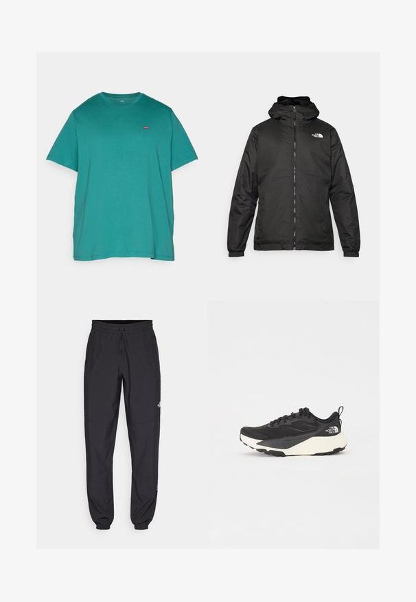 Jachetă cu glugă The North Face de culoare neagră, cu fermoar frontal, manșete elastice și logo pe partea superioară stângă a pieptului, pe un fundal alb.; Levi's® Plus BIG ORIGINAL TEE - Tricou basic - deep jungle; Pantaloni atletici negri, confecționați dintr-un material ușor, cu un tiv elastic la talie, buzunare laterale și tivuri ajustate la gleznă.; Shoe sportiv negru cu superior din plasă texturată, accente negre solide și talpă ușoară albă. Dispune de închidere cu șireturi și mâner de prindere.