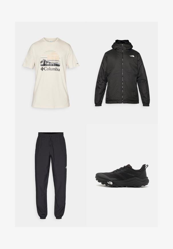 Czarna kurtka z kapturem The North Face z zamkiem błyskawicznym z przodu, elastycznymi mankietami i logo na górnej lewej stronie klatki piersiowej na białym tle.; Jasno beżowa bawełniana koszulka z graficznym nadrukiem gór i słońca. Wzór zawiera pastelowe kolory oraz logo Columbia.; Czarne spodenki sportowe wykonane z lekkiego materiału, z elastycznym pasem na sznurek, bocznymi kieszeniami i zwężanymi mankietami przy kostkach.; Czarne buty do biegania w terenie z teksturowaną cholewką, gumową podeszwą i wzmocnionym noskiem. Posiadają wyściełany kołnierz oraz uchwyt do łatwego zakładania.