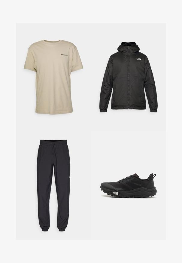 Black The North Face hooded jacket with front zipper, elastic cuffs, and logo on the upper left chest against a white background.; Beige cotton t-shirt with short sleeves, crew neck, and a small black logo on the left chest area. Smooth texture, casual design.; Black athletic pants made from lightweight fabric, featuring a drawstring waistband, side pockets, and tapered cuffs at the ankles.; Black trail running shoe with a textured upper, rubber sole, and reinforced toe cap. Features a padded collar and pull tab for easy wear.