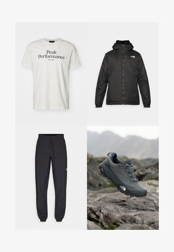 Zwarte The North Face hoodie met ritssluiting aan de voorkant, elastische manchetten en logo op de bovenste linkerborst tegen een witte achtergrond.; Peak Performance ORIGINAL TEE - T-shirt print - offwhite/black; Zwarte sportieve broek gemaakt van lichtgewicht stof, met een trekkoord in de taille, zijzakken en taps toelopende boorden bij de enkels.; Grijze trailrun-schoen met een gestructureerde bovenkant, duurzame rubbersole en versterkte neuskap. Voorzien van veters en een merkimprint aan de zijkant.