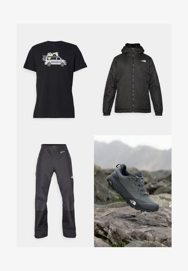 Crna jakna s kapuljačom The North Face s prednjim patentnim zatvaračem, elastičnim manžetama i logotipom na gornjem lijevom dijelu prsnog koša, na bijeloj pozadini.; Crna pamučna majica s grafikom kombija s opremom na krovu, naglašena bijelim i neonskim žutim detaljima. Kratki rukavi, okrugli izrez.; Crne vodootporne hlače s glatkom teksturom, s GORE-TEX logotipom sprijeda i ojačanim donjim dijelovima nogavica za izdržljivost.; Sive trail trkačka cipela s teksturiranim gornjim dijelom, izdržljivom gumenom potplatom i ojačanim vrhom. Ima vezice i logotip branda sa strane.