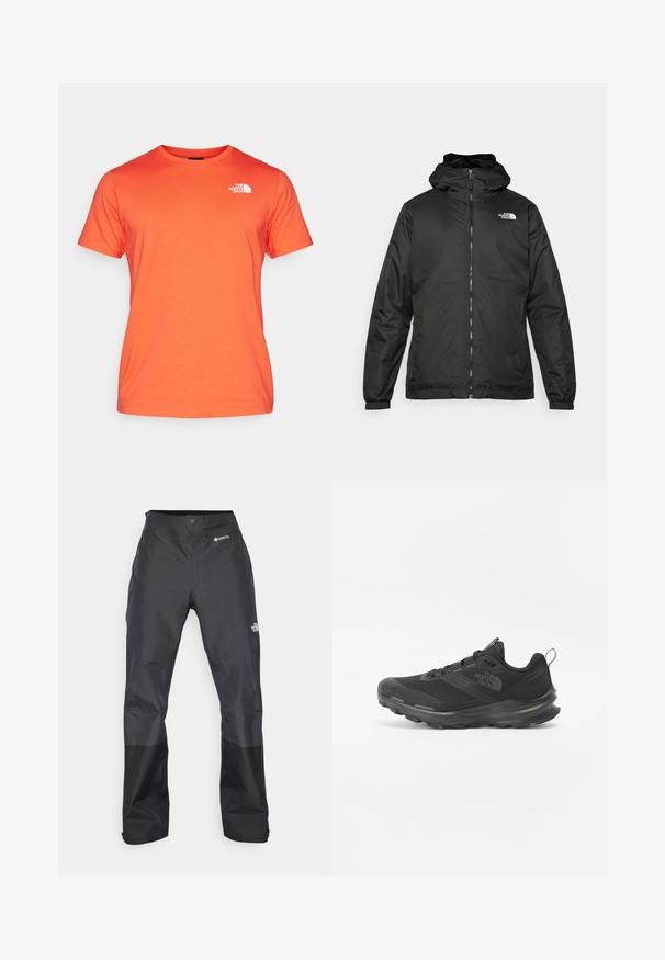 Čierna bundá s kapucňou The North Face s predným zipsom, elastickými manžetami a logom v ľavom hornom rohu hrude na bielom pozadí.; The North Face M SS BOX NSE TEE - Tričko s potlačou - crimson orange/black; Čierne nepremokavé nohavice s hladkým povrchom, so značkou GORE-TEX na prednej strane a zosilnenými dolnými nohavicami pre väčšiu odolnosť.; Čierna športová obuv s vrchnou časťou z jemnej sieťoviny, gumovou podrážkou a polstrovaným golierom. Obsahuje šnúrky, logo na strane a textúrovaný dizajn.