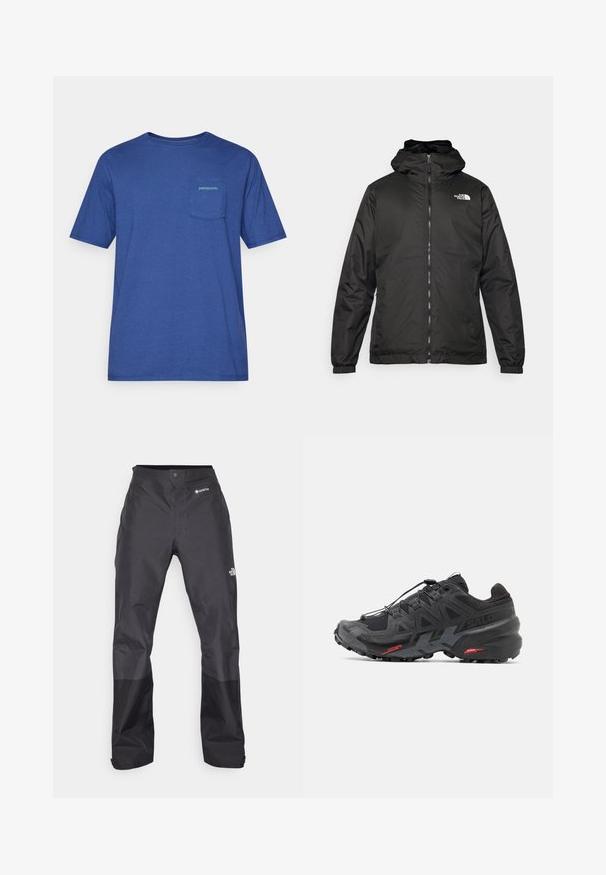 Jacket preta com capuz da The North Face, com fecho éclair na frente, punhos elásticos e logotipo no canto superior esquerdo do peito, em fundo branco.; T-shirt de algodão azul de manga curta com um bolso no peito e um logotipo verde da Patagonia. Design simples de decote redondo com um corte descontraído.; Calças impermeáveis pretas com uma textura suave, apresentando um logotipo GORE-TEX na frente, e pernas inferiores reforçadas para maior durabilidade.; Sapatilha de corrida preta com parte superior em sintético, design texturizado e detalhes em vermelho contrastante. Apresenta um sistema de atilho seguro e sola robusta.