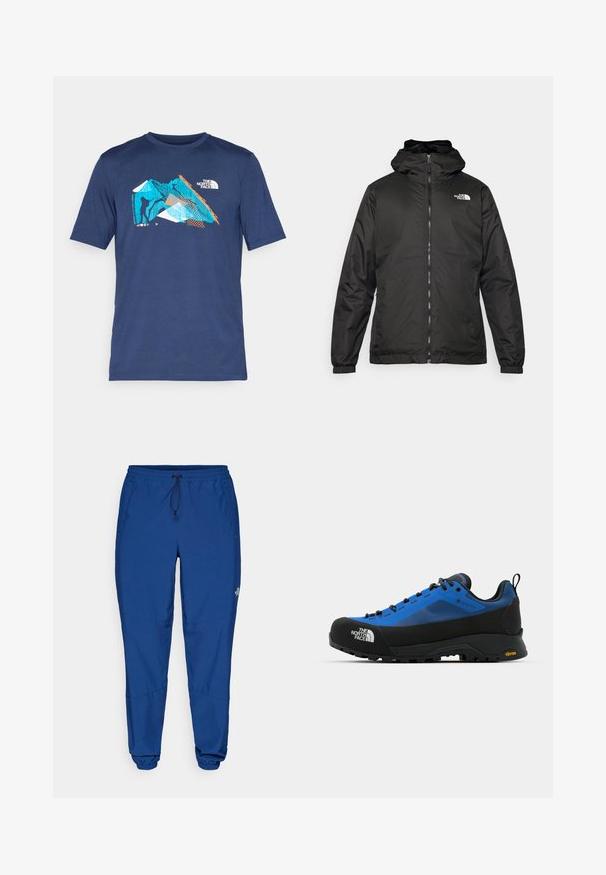 Must esine The North Face must kapuutsiga jakk, millel on esizipp, elastsed mansetid ja logo vasakul ülemisel rinnal valge tausta ees.; Tumed sinine lühikeste varrukatega T-särk, mis on valmistatud pehmest kangast ja millel on graafiline disain siniste, oranžide ja valgete aktsentidega, kujutades mägesid ja ronijat.; Sinised kerged dressipüksid, millel on elastne vöökoht, nöör ja elastsed mansetid. Omab küljetaskuid ja logot alumise jala lähedal.; The North Face VERTO ALPINE GORE TEX - Matkajalatsid - hero blue/tnf black