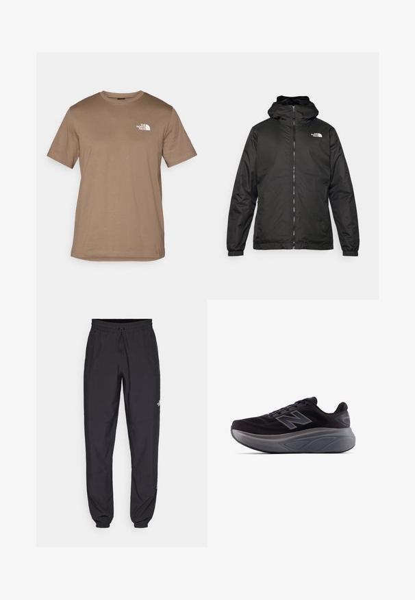 Must esine The North Face must kapuutsiga jakk, millel on esizipp, elastsed mansetid ja logo vasakul ülemisel rinnal valge tausta ees.; Pruun lühikeste varrukatega T-särk, mis on valmistatud puuvillast ja millel on ribapitsist ümar kaelus. Esiküljel on vasakpoolsel rinnal väike valge logo.; Mustavad sportlikud püksid, mis on valmistatud kergest kangast, joonlauaga taljest, küljetaskudega ja kitsenevate varrukatega pahkluude juures.; Mustad mustus spordijalats, millel on tekstureeritud ülemine osa, tugevdatud kannaosa ja paks hall tald. Omab silmapaistvat "N" logo.