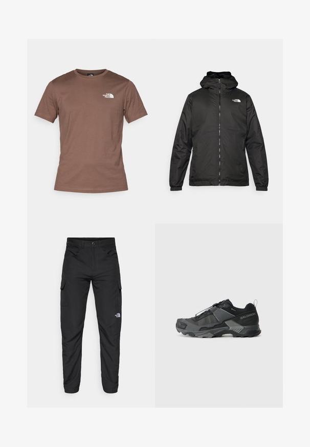 Sort The North Face hættejakke med frontlynlås, elastiske manchetter og logo på øverste venstre bryst mod en hvid baggrund.; The North Face M SS SIMPLE DOME TEE - Sports T-shirts - smokey brown; The North Face HORIZON PANT - Outdoorbukser - black; Sort trail løbesko med en holdbar mesh-overdel, forstærket tåhætte, tekstureret gummisål og elastisk snøresystem for sikker pasform.