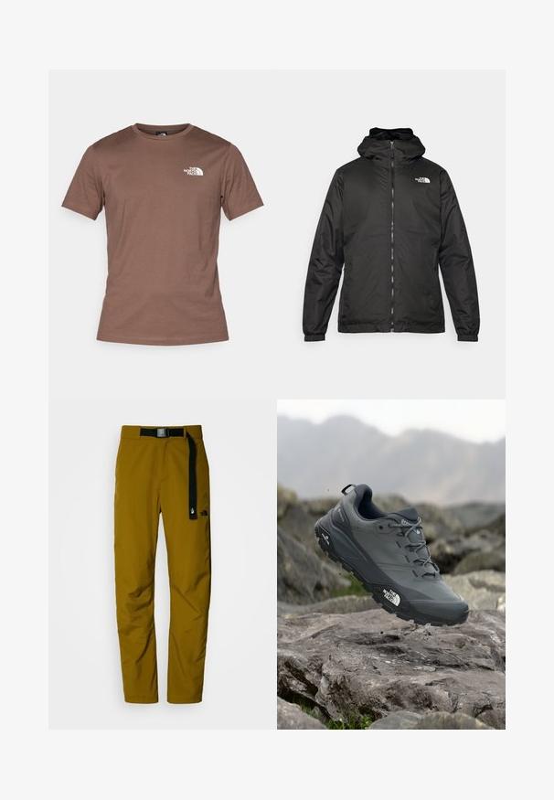 Black The North Face hooded jacket with front zipper, elastic cuffs, and logo on the upper left chest against a white background.; The North Face M SS SIMPLE DOME TEE - Sports T-shirt - smokey brown; Water-resistant, lightweight outdoor pants in a dark mustard color with a black adjustable belt, featuring a logo on the left thigh.; Grey trail running shoe with a textured upper, durable rubber sole, and reinforced toe cap. Features laces and brand logo on the side.