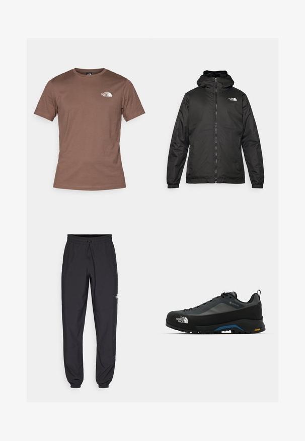 Black The North Face hooded jacket with front zipper, elastic cuffs, and logo on the upper left chest against a white background.; The North Face M SS SIMPLE DOME TEE - Sports T-shirt - smokey brown; Black athletic pants made from lightweight fabric, featuring a drawstring waistband, side pockets, and tapered cuffs at the ankles.; The North Face VERTO ALPINE GORE TEX - Hiking shoes - asphalt grey/tnf black