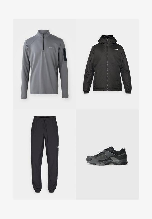 Melnā The North Face kapuce jaka ar priekšējo rāvējslēdzēju, elastīgām piedurknēm un logo augšējā kreisajā krūtī uz balta fona.; Pelēks garām piedurknēm pulovers ar ceturtdaļas rāvējslēdzēju, ar teksturētu apdari un melnu auduma plāksteri kreisajā rokā ar rāvējslēdzēju.; Melni sporta bikses, kas izgatavotas no viegla auduma, ar savelcamu jostu, sānu kabatām un sašaurinātiem apakšējiem galiem pie potītēm.; Melnas taku skriešanas kurpes ar izturīgu sieta augšdaļu, pastiprinātu purngala daļu, teksturētu gumijas zoli un elastīgu šņorēšanas sistēmu drošai piegulšanai.