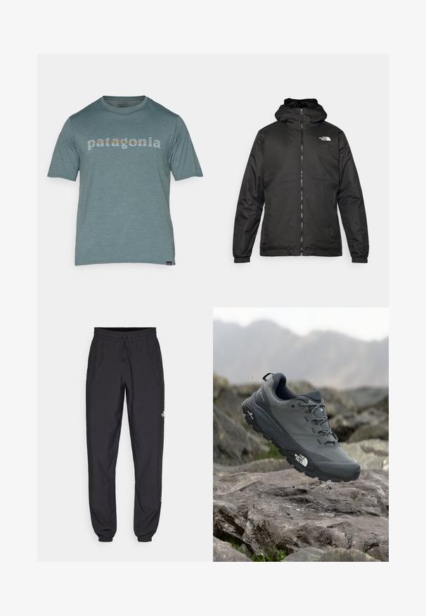 Juodas „The North Face“ striukė su gobtuvu, priekyje užtrauktuku, elastingomis rankogaliais ir logotipu viršutinėje kairėje krūtinės pusėje ant baltos fono.; Trumpas rankovės, apvalaus kaklo marškinėliai iš mėtų spalvos audinio; krūtinėje yra „patagonia“ logotipas, parašytas daugiaspalvėmis raidėmis.; Juodos sportinės kelnės, pagamintos iš lengvos medžiagos, su raišteliu liemens srityje, šoniniais kišenėmis ir siaurėjantys apykaklės prie kulkšnies.; Pilkas bėgimo batelis su tekstūruota viršutine dalimi, tvirtu guminio pado ir sustiprinta nosimi. Turi raištelius ir prekės ženklo logotipą šone.