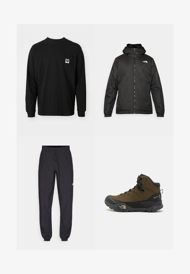 Jacket preta com capuz da The North Face, com fecho éclair na frente, punhos elásticos e logotipo no canto superior esquerdo do peito, em fundo branco.; T-shirt preto de manga longa em algodão, com um decote redondo e um bolso no peito com um logo de coração e texto.; Calças atléticas pretas feitas de tecido leve, com um cós ajustável por cordão, bolsos laterais e punhos afunilados nos tornozelos.; Botas de caminhada impermeáveis em verde oliva escuro e preto, com um cabedal texturizado, sola robusta e biqueira reforçada.