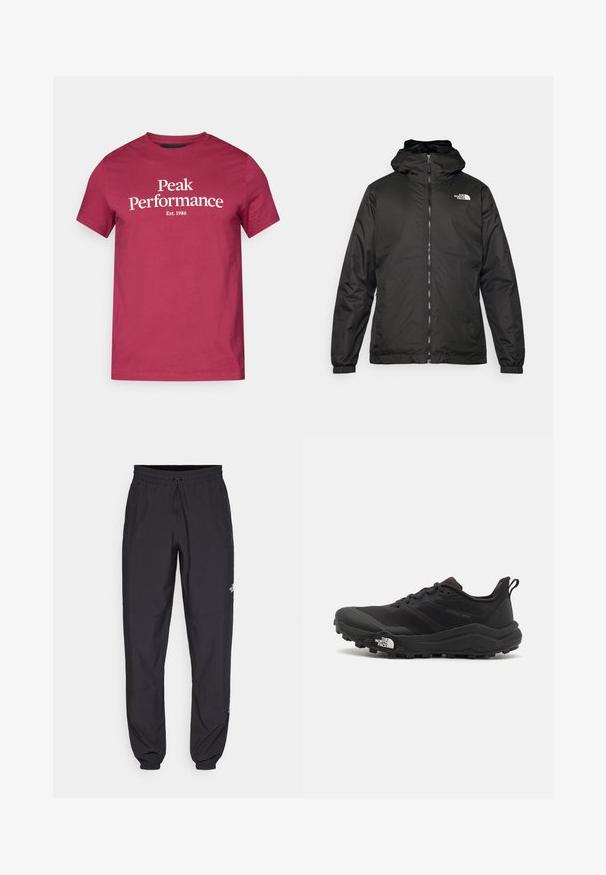 Černá kapucínová bunda The North Face s předním zipem, elastickými manžetami a logem na horní levé části hrudi na bílém pozadí.; Bordeaux bavlněné tričko s bílým textem "Peak Performance" a "Est. 1986." Krátké rukávy a klasický design s kulatým výstřihem.; Černé sportovní kalhoty vyrobené z lehké tkaniny, s páskem na šňůrku, bočními kapsami a zúženými manžetami na kotnících.; Černé trailové běžecké boty s texturovaným svrškem, gumovou podrážkou a vyztuženou špičkou. Obsahují polstrovaný límec a poutko pro snadné obouvání.