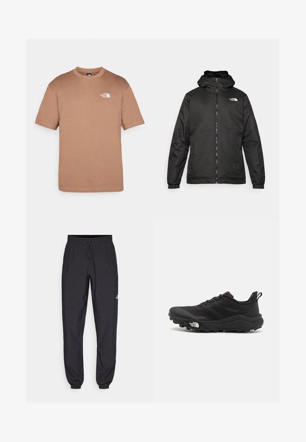 Fekete The North Face kapucnis dzseki elülső zipzárral, elasztikus mandzsettákkal és logóval a bal felső mellkason, fehér háttér előtt.; Barna pamut póló, kerek nyakkivágással, rövid ujjakkal és fehér logóval a bal mellen. Puha tapintású, normál szabású.; Fekete sportnadrág, könnyű anyagból készült, húzózsinóros derékkal, oldalsó zsebekkel és szűkített szárakkal a bokáknál.; Fekete terepfutó cipő, textúrált felső résszel, gumitalppal és megerősített lábujjrészével. Párnázott bokarésszel és húzófüllel rendelkezik a könnyű felhúzáshoz.