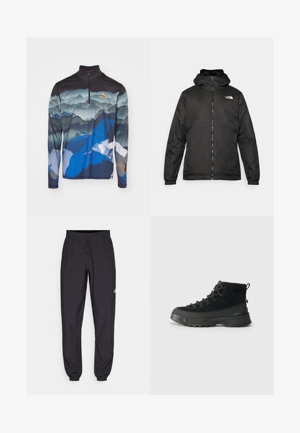 Svart The North Face hettegenser med frontglidelås, elastiske mansjetter, og logo på øvre venstre bryst mot en hvit bakgrunn.; Bogner Fire + Ice PASCAL - Topper langermet - multicolor; Sorte idrettsbukser laget av lett stoff, med snor i livet, sidelommer og smale mansjetter ved anklene.; Svart tursko med overdel i semsket skinn, robust gummisåle og forsterkede hull for snøringer. Har en looper bak for enkel påkledning.