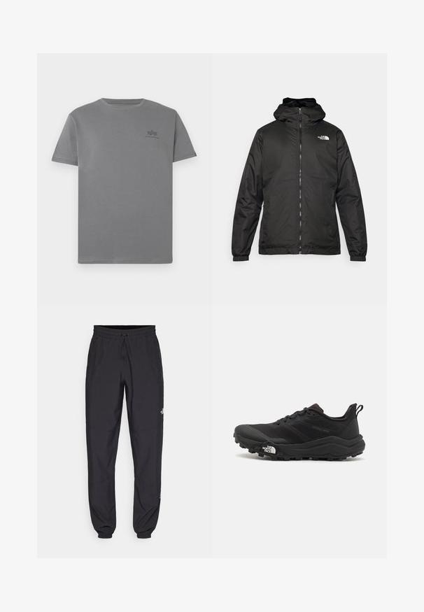 Svart The North Face huva jacka med framzipper, elastiska muddar och logotyp på övre vänstra bröstet mot en vit bakgrund.; Grå t-shirt i bomull med rund halsringning och korta ärmar. Har en liten svart logotyp på vänster bröstområde. Slät textur.; Svarta träningsbyxor tillverkade av lättviktsmaterial, med dragsko i midjan, sidofickor och avsmalnande muddar vid anklarna.; Svart terränglöparsko med en strukturerad ovandel, gummisula och förstärkt tåhätta. Har en vadderad krage och en dragflik för enkel påtagning.