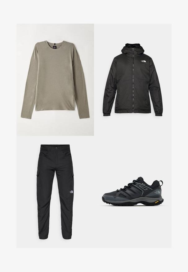 Black The North Face hooded jacket with front zipper, elastic cuffs, and logo on the upper left chest against a white background.; Long-sleeved, crew neck top in light gray fabric. Features flat seams and side slits for ease of movement, with a smooth, soft texture.; The North Face HORIZON PANT - Outdoor trousers - black; Black hiking shoe with a breathable upper, textured accents, rubber sole, and reflective details. Features a Vibram logo on the heel.