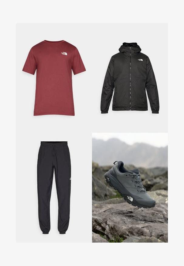 Sort The North Face hættejakke med frontlynlås, elastiske manchetter og logo på øverste venstre bryst mod en hvid baggrund.; Rød bomuld T-shirt med rund hals, korte ærmer og et hvidt logo på venstre bryst. Glat tekstur og klassisk pasform.; Sorte atletiske bukser lavet af letvægtsstof, med en snor i taljen, sidelommer og tapered manchetter ved anklerne.; Grå trail løbesko med en tekstureret overdel, slidstærk gummisål og forstærket tåkap. Har snørebånd og mærkelogo på siden.