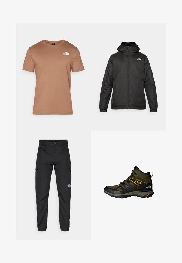 Zwarte The North Face hoodie met ritssluiting aan de voorkant, elastische manchetten en logo op de bovenste linkerborst tegen een witte achtergrond.; Bruine T-shirt met korte mouwen van zacht materiaal, met een ronde hals en een witte logo op de linker borst. Gladde textuur en minimalistisch ontwerp.; The North Face HORIZON PANT - Outdoorbroeken - black; Halflange wandelschoenen in olijfgroen met zwarte accenten, voorzien van een mesh bovenwerk, Vibram zool en een opvallend vetersysteem. Gele ontwerpelementen.