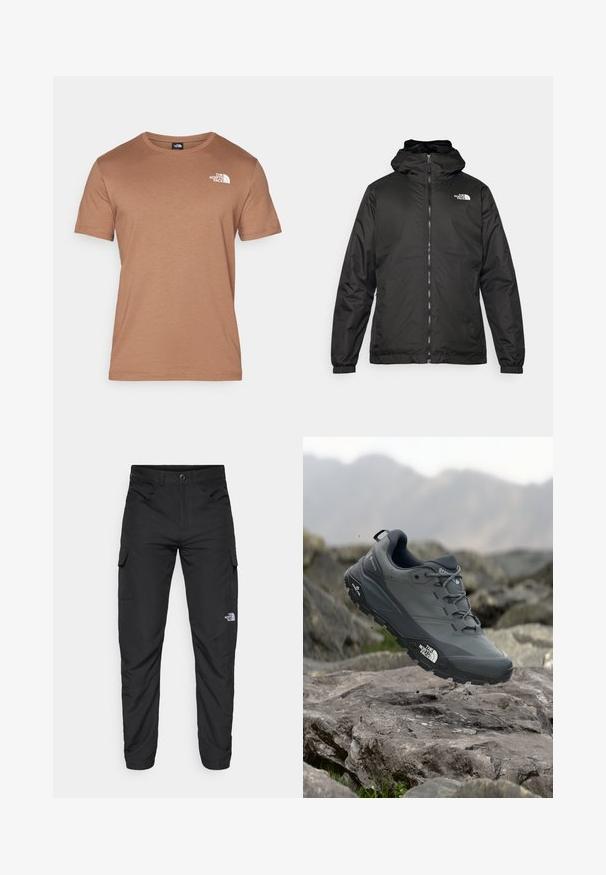 Sort The North Face hættejakke med frontlynlås, elastiske manchetter og logo på øverste venstre bryst mod en hvid baggrund.; Brun kortærmet t-shirt lavet af blødt materiale, med rund hals og hvidt logo på venstre brystområde. Glat tekstur og minimalistisk design.; The North Face HORIZON PANT - Outdoorbukser - black; Grå trail løbesko med en tekstureret overdel, slidstærk gummisål og forstærket tåkap. Har snørebånd og mærkelogo på siden.
