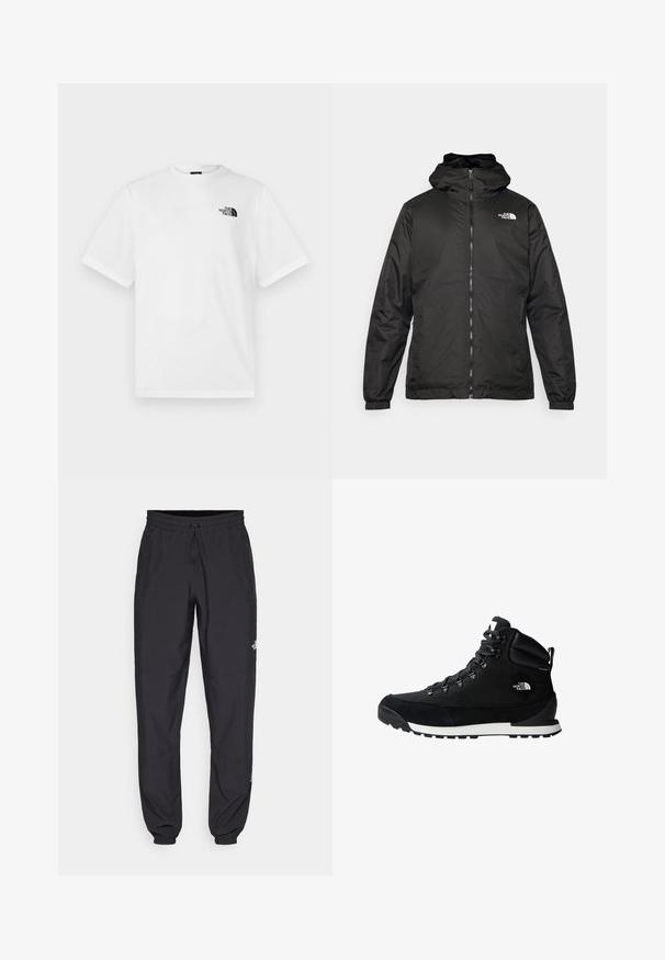 Črna kapuca jakna The North Face z sprednjim zadrgo, elastičnimi manšetami in logotipom na zgornjem levem prsnem delu na belem ozadju.; Bela bombažna majica s kratkimi rokavi in krojnim izrezom. Ima majhen črn logotip na levi strani prsnega dela.; Črne atletske hlače iz lahkega materiala, ki imajo elastični pas z vezalko, stranske žepe in zožene manšete na gležnjih.; Črne pohodniške škornje z teksturirano tekstilno in suezurno zgornjico, kovinskimi luknjicami in belim gumijastim podplatom. Imajo oblazinjen zgornji del za podporo.