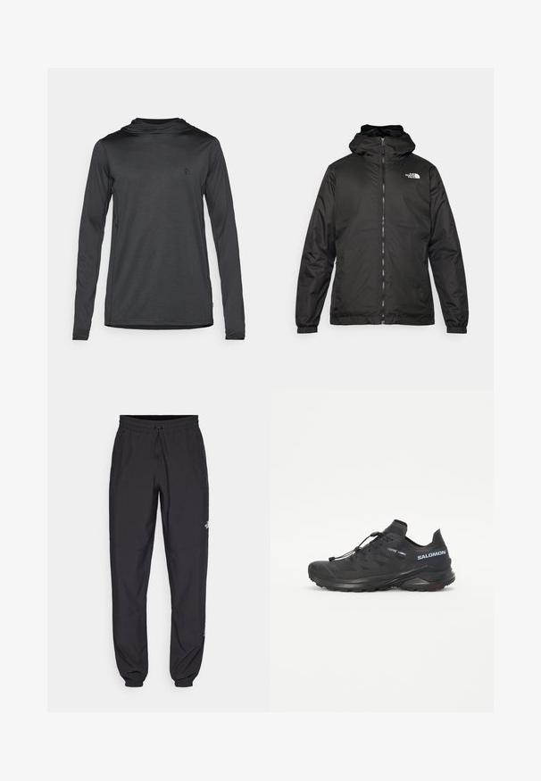 Fekete The North Face kapucnis dzseki elülső zipzárral, elasztikus mandzsettákkal és logóval a bal felső mellkason, fehér háttér előtt.; Sötét szürke anyagú, hosszú ujjú sportkapucnis felső, minimalista dizájnnal, puha tapintással és egy kis logóval a mellkason.; Fekete sportnadrág, könnyű anyagból készült, húzózsinóros derékkal, oldalsó zsebekkel és szűkített szárakkal a bokáknál.; Fekete terepfutó cipő textúrált felsőrésszel, rugalmas fűzőkkel és Contagrip talppal. Kiemelkedő illeszkedés és védő orrborítás jellemzi.