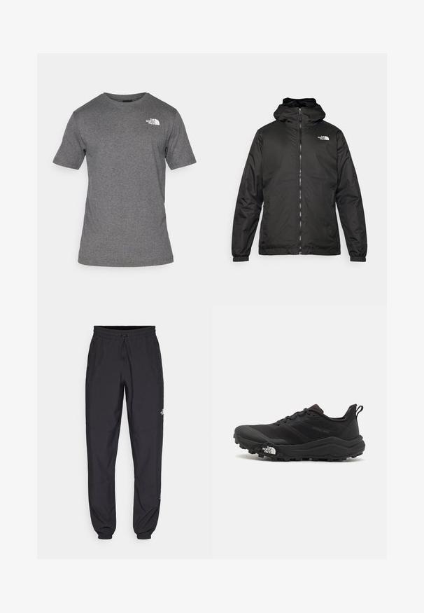 Black The North Face hooded jacket with front zipper, elastic cuffs, and logo on the upper left chest against a white background.; The North Face M SS BOX NSE TEE - Print T-shirt - medium grey heather; Black athletic pants made from lightweight fabric, featuring a drawstring waistband, side pockets, and tapered cuffs at the ankles.; Black trail running shoe with a textured upper, rubber sole, and reinforced toe cap. Features a padded collar and pull tab for easy wear.