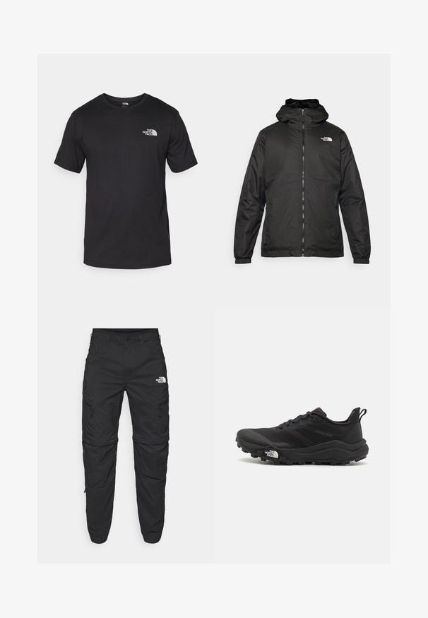 Schwarze The North Face Kapuzenjacke mit Reißverschluss auf der Vorderseite, elastischen Bündchen und Logo auf der oberen linken Brust vor einem weißen Hintergrund.; Schwarzes T-Shirt mit kurzen Ärmeln aus Baumwolle, mit einem runden Ausschnitt und einem kleinen weißen Logo auf der oberen linken Brust.; The North Face EXPLORATION TAPERED CONVERTIBLE  - Outdoor-Hose - black; Schwarzer Trailrunning-Schuh mit strukturiertem Obermaterial, Gummisohle und verstärkter Zehenkappe. Verfügt über einen gepolsterten Kragen und eine Ziehlasche für einfaches Anziehen.