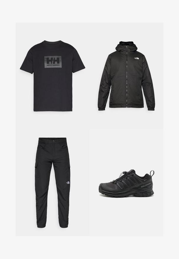 Must esine The North Face must kapuutsiga jakk, millel on esizipp, elastsed mansetid ja logo vasakul ülemisel rinnal valge tausta ees.; Mustad must t-särk lühikeste varrukatega, millel on keskel hall ristkülikukujuline logo, kus on kirjas "HH" ja allpool "HELLY HANSEN".; The North Face HORIZON PANT - Õuepüksid - black; Must have piisii mustriga sünteetiline pealis, pehme tallaga ja kiire lukkusüsteemiga mustad spordijalatsid. Omab tugevdusi varba- ja kannaosas.