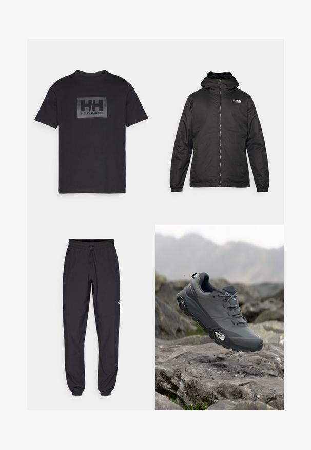 Czarna kurtka z kapturem The North Face z zamkiem błyskawicznym z przodu, elastycznymi mankietami i logo na górnej lewej stronie klatki piersiowej na białym tle.; Czarna bawełniana koszulka z krótkim rękawem, z prostokątnym szarym logo na środku, przy którym znajduje się napis "HH" oraz "HELLY HANSEN" poniżej.; Czarne spodenki sportowe wykonane z lekkiego materiału, z elastycznym pasem na sznurek, bocznymi kieszeniami i zwężanymi mankietami przy kostkach.; Szare buty do biegania w terenie z teksturową cholewką, trwałą gumową podeszwą i wzmocnionym noskiem. Posiadają sznurowadła oraz logo marki z boku.