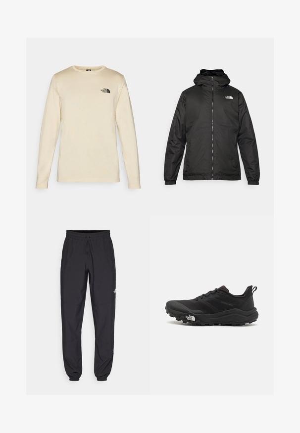 Juodas „The North Face“ striukė su gobtuvu, priekyje užtrauktuku, elastingomis rankogaliais ir logotipu viršutinėje kairėje krūtinės pusėje ant baltos fono.; Šviesiai béžinė ilgarankovė marškinėlių, pagaminti iš medvilnės. Savybės: juodas logotipas kairėje krūtinės pusėje ir apvalus iškirpimas su raštuotais rankovių galais.; Juodos sportinės kelnės, pagamintos iš lengvos medžiagos, su raišteliu liemens srityje, šoniniais kišenėmis ir siaurėjantys apykaklės prie kulkšnies.; Juoda bėgimo batai su tekstūruotu paviršiumi, guma padais ir sustiprinta pirštų dalimi. Yra paminkštinta apykaklė ir kilpos, leidžiančios lengvai užsidėti.