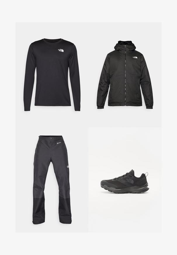 Μαύρο μπουφάν με κουκούλα της The North Face, με μπροστινό φερμουάρ, ελαστικούς καρπούς και λογότυπο στην πάνω αριστερή πλευρά του στήθους, σε λευκό φόντο.; Μαύρο αθλητικό μπλουζάκι με μακριά μανίκια, κατασκευασμένο από ελαφρύ ύφασμα, με λευκό λογότυπο επάνω αριστερά στο στήθος. Λείο υφή.; Μαύρα αδιάβροχα παντελόνια με απλή υφή, που διαθέτουν λογότυπο GORE-TEX στο μπροστινό μέρος και ενισχυμένα κάτω μέρη για αυξημένη αντοχή.; Μαύρο αθλητικό παπούτσι με διαπνέον επάνω μέρος από πλέγμα, ελαστική σόλα και μαλακή επένδυση στον αστράγαλο. Διαθέτει κορδόνια, λογότυπο στο πλάι και υφή στο σχέδιο.