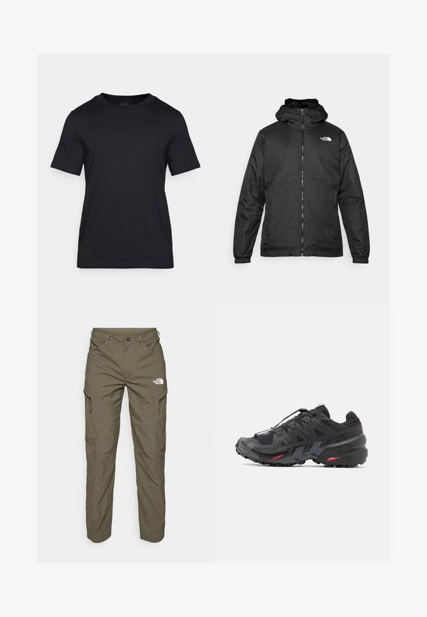 Sort The North Face hættejakke med frontlynlås, elastiske manchetter og logo på øverste venstre bryst mod en hvid baggrund.; Sort T-shirt lavet af glat stof, med rund halsudskæring og korte ærmer. Diskret branding trykt i sort på brystet.; Olivengrønne udendørsbukser lavet af letvægtsstof, med cargo-lommer, lynlåsdetaljer og et logo på den øverste lår.; Sort løbesko med syntetisk overdel, struktureret design og kontrasterende røde accenter. Udstyret med et sikret snøresystem og en robust ydersål.