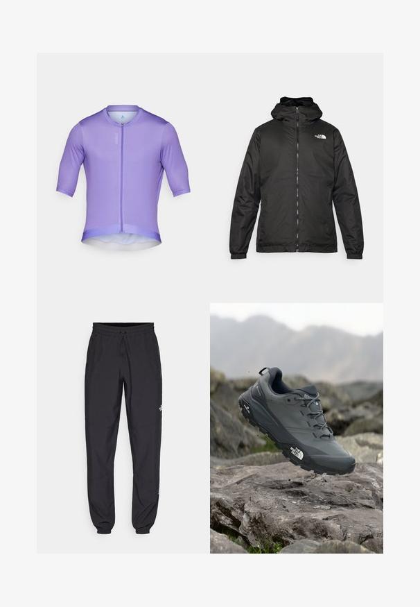 Juodas „The North Face“ striukė su gobtuvu, priekyje užtrauktuku, elastingomis rankogaliais ir logotipu viršutinėje kairėje krūtinės pusėje ant baltos fono.; Violet trumpeta su trumpomis rankovėmis, turinti užtrauktuką priekyje, lygų tekstūrą ir prigludusį dizainą. Lengvas audinys su apvaliu pašaliniu kraštu.; Juodos sportinės kelnės, pagamintos iš lengvos medžiagos, su raišteliu liemens srityje, šoniniais kišenėmis ir siaurėjantys apykaklės prie kulkšnies.; Pilkas bėgimo batelis su tekstūruota viršutine dalimi, tvirtu guminio pado ir sustiprinta nosimi. Turi raištelius ir prekės ženklo logotipą šone.