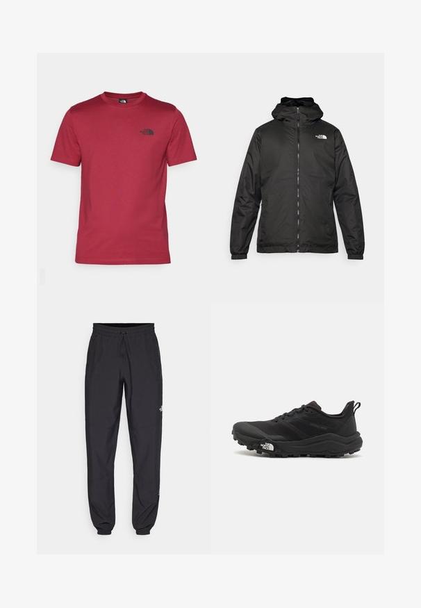 Crna jakna s kapuljačom The North Face s prednjim patentnim zatvaračem, elastičnim manžetama i logotipom na gornjem lijevom dijelu prsnog koša, na bijeloj pozadini.; The North Face M SS SIMPLE DOME TEE - Sportska majica - beetroot; Crne sportske hlače od lagane tkanine, s pojasom na vezanje, bočnim džepovima i suženim manžetama na gležnjevima.; Crne trail trkačke cipele s teksturiranim gornjim dijelom, gumeni potplat i ojačana zaštita za prste. Imaju podstavljen ovratnik i trakicu za lakše obuvanje.