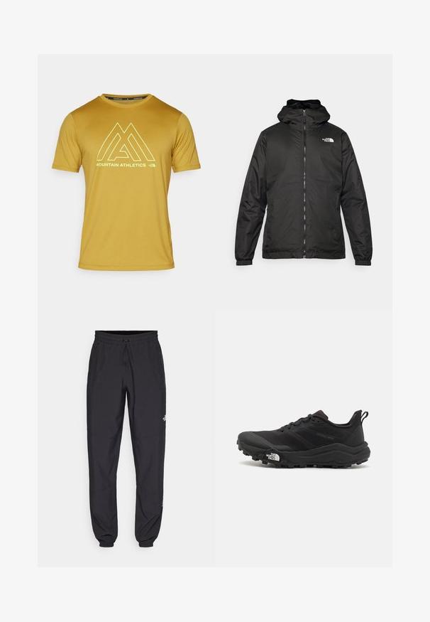 Musta The North Face -huppari, jossa on etuvetoketju, joustavat hihansuut ja logo vasemmalla ylärinnassa valkoista taustaa vasten.; The North Face SHORT SLEEVES TEE - Tekninen t-paita - amber green; Mustat urheiluhousut, jotka on valmistettu kevyestä kankaasta. Housuissa on naru vyötäröllä, sivutaskut ja kapenevat hihnat nilkoissa.; Musta maastojuoksukengät, joissa on teksturoitu päällinen, kumipohja ja vahvistettu varvastoppia. Varusteena pehmustettu nilkkakappale ja vetotappi helppoa pukemista varten.