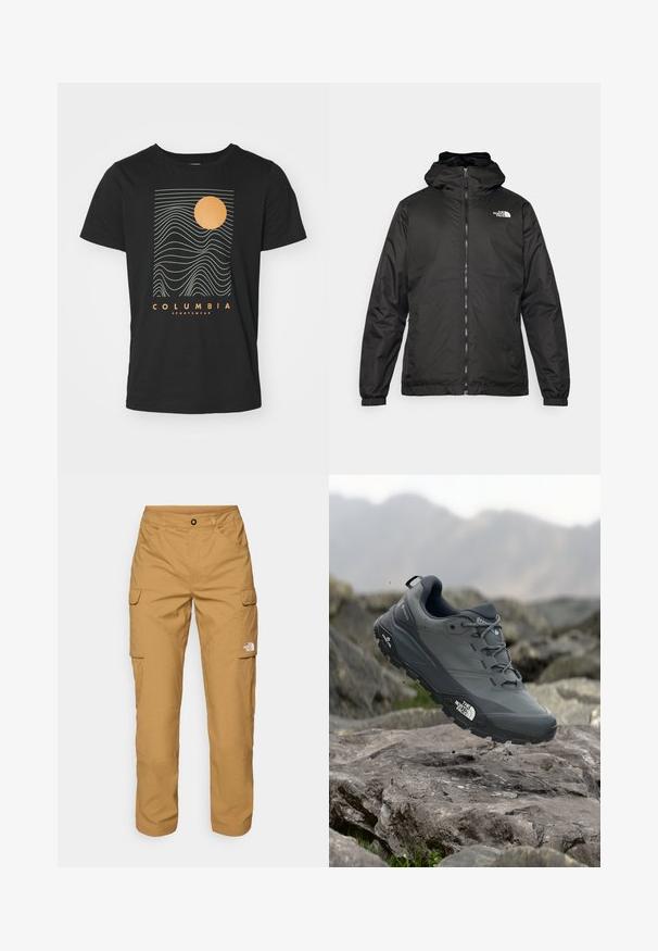 Juodas „The North Face“ striukė su gobtuvu, priekyje užtrauktuku, elastingomis rankogaliais ir logotipu viršutinėje kairėje krūtinės pusėje ant baltos fono.; Columbia CSC™ SEASONAL LOGO TEE - Marškinėliai su spaudiniu - black; The North Face EXPLORATION PANTS - Kareiviško stiliaus kelnės - utility brown; Pilkas bėgimo batelis su tekstūruota viršutine dalimi, tvirtu guminio pado ir sustiprinta nosimi. Turi raištelius ir prekės ženklo logotipą šone.
