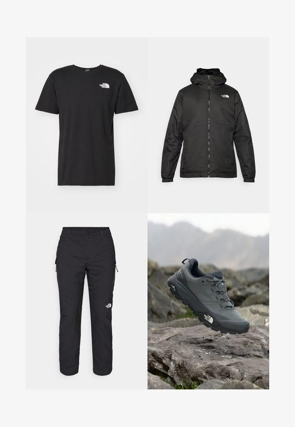 Černá kapucínová bunda The North Face s předním zipem, elastickými manžetami a logem na horní levé části hrudi na bílém pozadí.; The North Face M SS BOX NSE TEE - Triko s potiskem - black/optic emerald; The North Face WINTER EXPLORATION TAPERED CARGO - Outdoorové kalhoty - black; Šedá trailová běžecká bota s texturovaným svrškem, odolnou gumovou podrážkou a vyztuženou špičkou. Obsahuje tkaničky a logo značky na straně.