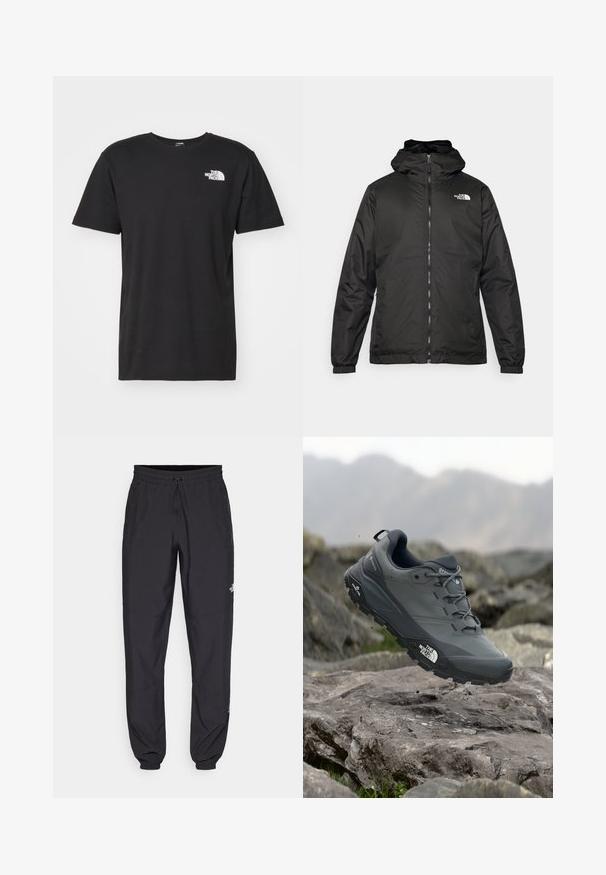 Svart The North Face huva jacka med framzipper, elastiska muddar och logotyp på övre vänstra bröstet mot en vit bakgrund.; The North Face M SS BOX NSE TEE - T-shirt med print - black/optic emerald; Svarta träningsbyxor tillverkade av lättviktsmaterial, med dragsko i midjan, sidofickor och avsmalnande muddar vid anklarna.; Grå trail löparskor med en texturerad ovandel, hållbar gummisula och förstärkt tåparti. Har snören och logotyp på sidan.