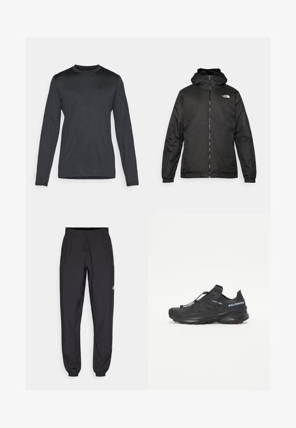 Čierna bundá s kapucňou The North Face s predným zipsom, elastickými manžetami a logom v ľavom hornom rohu hrude na bielom pozadí.; Dlhý rukáv tričko v tmavošedej farbe, s okrúhlym výstrihom a diskrétnym logom. Hladká textúra s priliehavým strihom.; Čierne športové nohavice vyrobené z ľahkej tkaniny, s elastickým pásom na šnurovanie, bočnými vreckami a zúženými manžetami na členkoch.; Čierna trailová bežecká obuv s textúrovaným vrškom, elastickými šnúrkami a podrážkou Contagrip. Obsahuje tesný strih a ochrannú špicu.