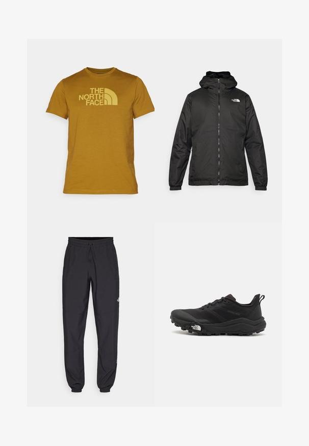 Melnā The North Face kapuce jaka ar priekšējo rāvējslēdzēju, elastīgām piedurknēm un logo augšējā kreisajā krūtī uz balta fona.; Siniegas dzeltena T-kreklā, izgatavots no kokvilnas, ar īsām piedurknēm un kuplu kakla izgriezumu. Uz kreklā redzams "THE NORTH FACE" logo gaišākā dzeltenā krāsā.; Melni sporta bikses, kas izgatavotas no viegla auduma, ar savelcamu jostu, sānu kabatām un sašaurinātiem apakšējiem galiem pie potītēm.; Melnas taku skriešanas kurpes ar teksturētu virsu, gumijas zoli un pastiprinātu pirkstu daļu. Aprīkotas ar mīkstu apkakli un vilkšanas cilpu, lai viegli uzvilktu.