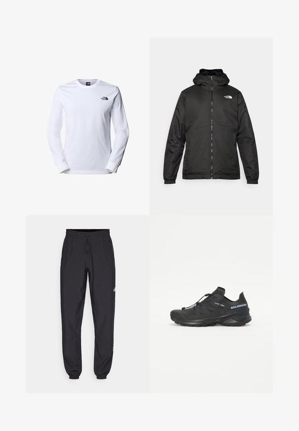 Sort The North Face hættejakke med frontlynlås, elastiske manchetter og logo på øverste venstre bryst mod en hvid baggrund.; Langærmet hvid t-shirt lavet af bomuld, med en rund halsudskæring og ribbede manchetter. Venstre bryst viser et lille sort logo.; Sorte atletiske bukser lavet af letvægtsstof, med en snor i taljen, sidelommer og tapered manchetter ved anklerne.; Sort trail løbesko med en tekstureret overdel, elastiske snørebånd og Contagrip ydersål. Har en tætsiddende pasform og beskyttende tåhætte.