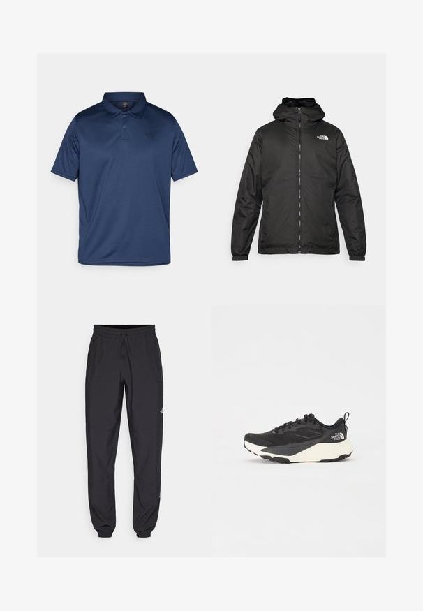 Must esine The North Face must kapuutsiga jakk, millel on esizipp, elastsed mansetid ja logo vasakul ülemisel rinnal valge tausta ees.; Tumed sinise värviga polo särk, mis on valmistatud siledast ja hingavast kangast. Omab klassikalist krae, kolme nuppu ja väikest logo vasakul rinnal.; Mustavad sportlikud püksid, mis on valmistatud kergest kangast, joonlauaga taljest, küljetaskudega ja kitsenevate varrukatega pahkluude juures.; Must have musta sportlik king, millel on tekstureeritud võrgu ülemine osa, soliidne mustade aktsentidega ja kerge valge tallaga. Omab kinnituspaelu ja tõmbeaset.