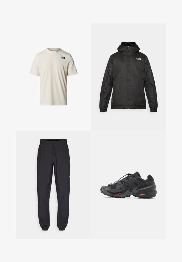 Sort The North Face hættejakke med frontlynlås, elastiske manchetter og logo på øverste venstre bryst mod en hvid baggrund.; Kortærmet beige t-shirt lavet af bomuld, med en rund halsudskæring og et lille sort logo på den øverste venstre brystdel. Glat tekstur.; Sorte atletiske bukser lavet af letvægtsstof, med en snor i taljen, sidelommer og tapered manchetter ved anklerne.; Sort løbesko med syntetisk overdel, struktureret design og kontrasterende røde accenter. Udstyret med et sikret snøresystem og en robust ydersål.