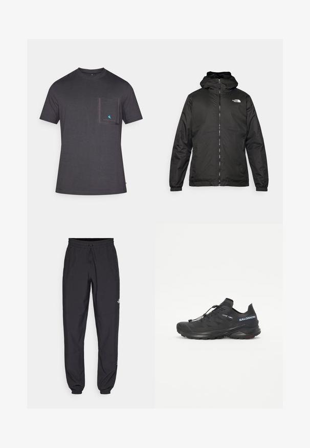 Black The North Face hooded jacket with front zipper, elastic cuffs, and logo on the upper left chest against a white background.; Dark gray crew neck t-shirt made from soft fabric, featuring a chest pocket outlined in darker gray and a small blue logo on the pocket.; Black athletic pants made from lightweight fabric, featuring a drawstring waistband, side pockets, and tapered cuffs at the ankles.; Black trail running shoe with a textured upper, elastic laces, and Contagrip outsole. Features a snug fit and protective toe cap.